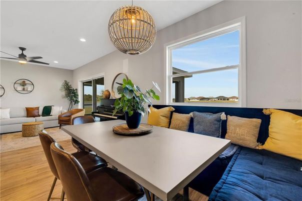 Dining room, Interior, Living room, Pendant Lights, Recessed Lighting, Wood Texture Flooring
