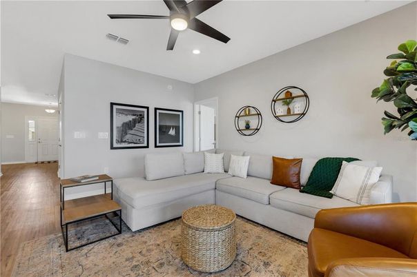 Interior, Living room, Recessed Lighting, Wood Texture Flooring