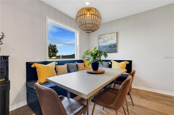 Dining room, Interior, Pendant Lights, Wood Texture Flooring