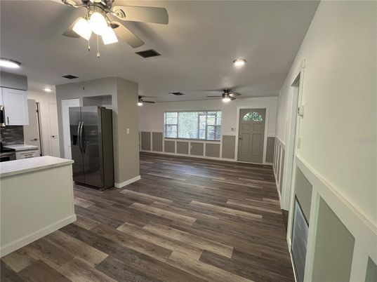 Empty room, Interior, Kitchen, Recessed Lighting, Wood Texture Flooring