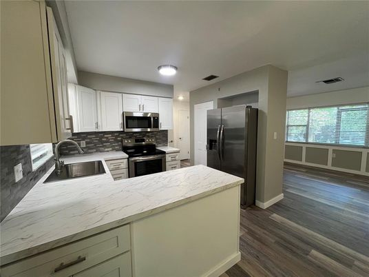 Interior, Kitchen, Stainless Steel Appliances, Wood Texture Flooring