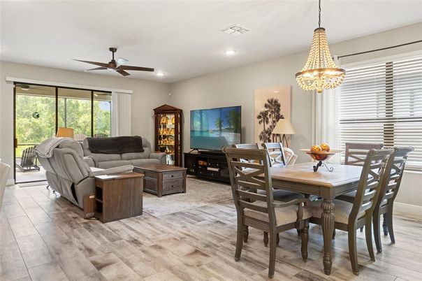 Dining room, Interior, Living room, Pendant Lights, Recessed Lighting, Wood Texture Flooring