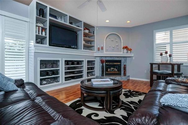 Fireplace, Interior, Living room, Recessed Lighting, Wood Texture Flooring