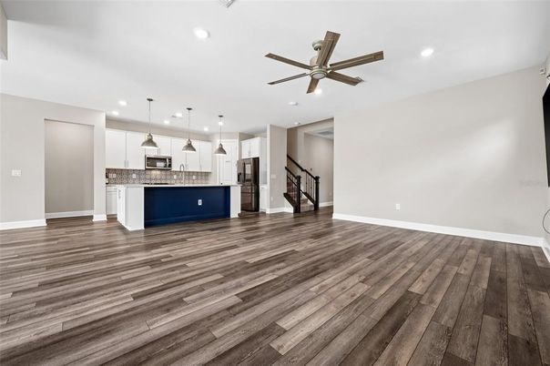 Empty room, Interior, Kitchen, Pendant Lights, Recessed Lighting, Wood Texture Flooring