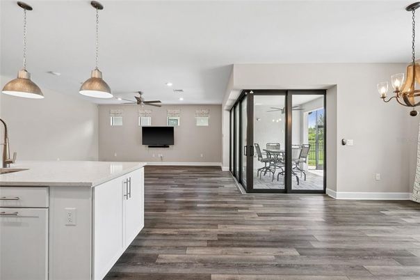 Dining room, Interior, Kitchen, Pendant Lights, Recessed Lighting, Wood Texture Flooring