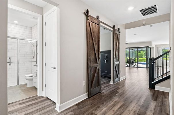 Bathroom, Glass Shower, Interior, Recessed Lighting, Wood Texture Flooring