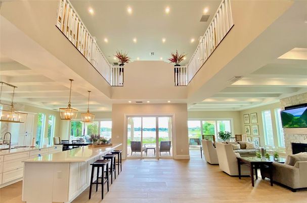 Fireplace, Interior, Kitchen, Living room, Pendant Lights, Recessed Lighting, Wood Texture Flooring