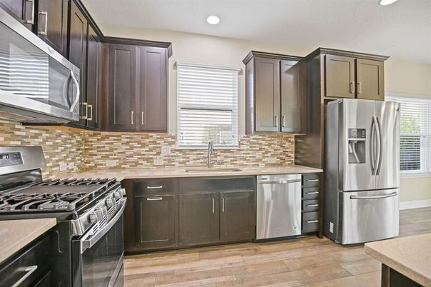 Interior, Kitchen, Recessed Lighting, Stainless Steel Appliances, Wood Texture Flooring
