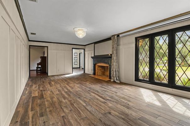 Chandelier, Empty room, Fireplace, Interior, Wood Texture Flooring