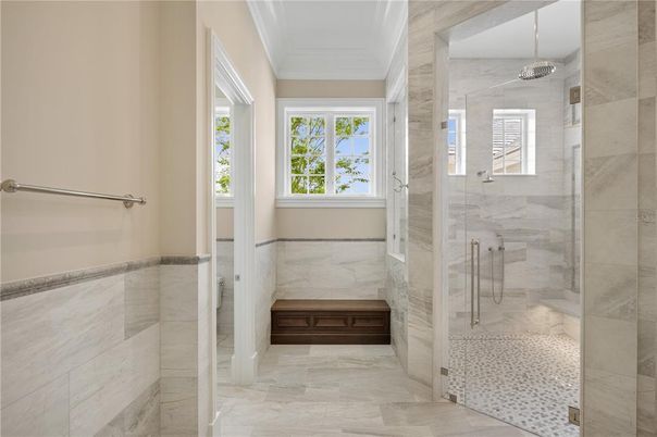 Bathroom, Glass Shower, Interior, Marble Walls, Pendant Lights