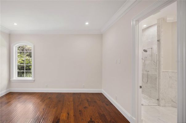 Bathroom, Empty room, Glass Shower, Interior, Marble, Marble Walls, Recessed Lighting, Wood Texture Flooring