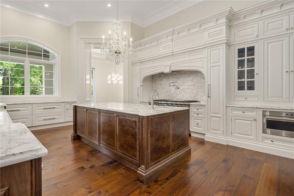 Chandelier, Interior, Kitchen, Recessed Lighting, Stainless Steel Appliances, Wood Texture Flooring