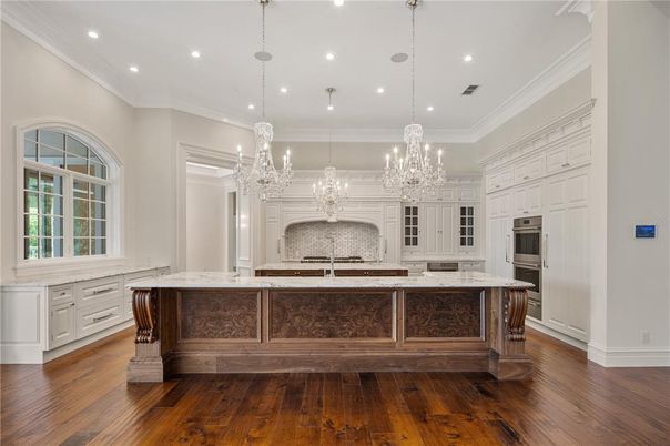 Chandelier, Interior, Kitchen, Recessed Lighting, Stainless Steel Appliances, Wood Texture Flooring