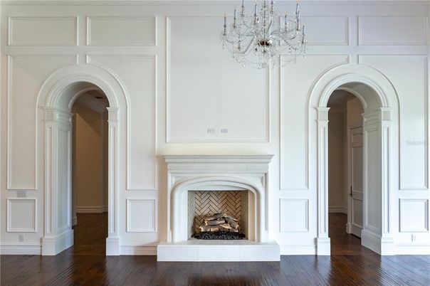 Chandelier, Fireplace, Interior, Wood Texture Flooring