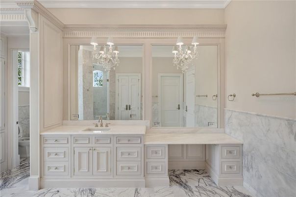 Bathroom, Chandelier, Dual Sink Vanities, Interior, Marble