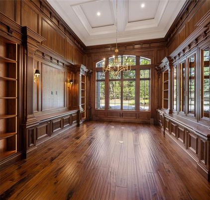 Chandelier, Empty room, Interior, Recessed Lighting, Wood Texture Flooring, Wooden Walls