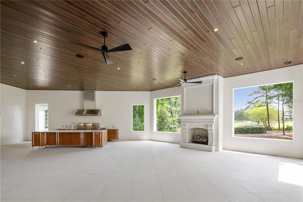 Fireplace, Interior, Kitchen, Recessed Lighting, Wooden Ceilings