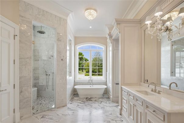 Bathroom, Dual Sink Vanities, Free Standing Baths, Glass Shower, Interior, Marble, Marble Walls, Recessed Lighting