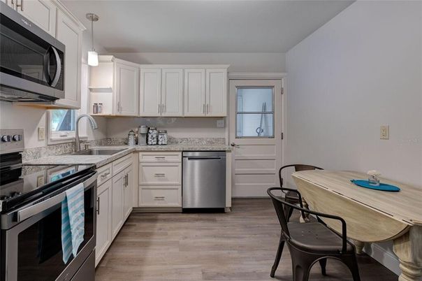 Interior, Kitchen, Pendant Lights, Stainless Steel Appliances, Wood Texture Flooring