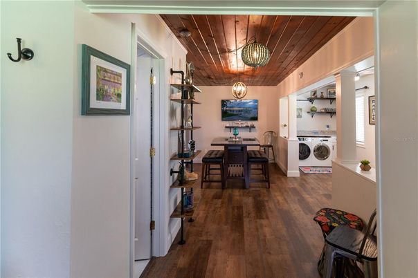 Dining room, Interior, Washer, Wooden Ceilings, Wood Texture Flooring