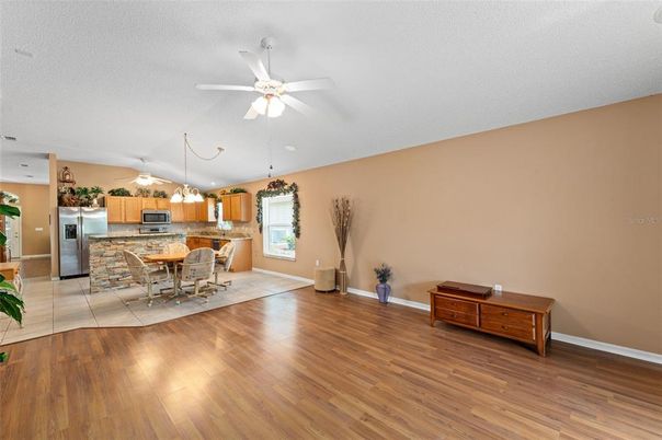 Dining room, Interior, Kitchen, Recessed Lighting, Stainless Steel Appliances, Wood Texture Flooring