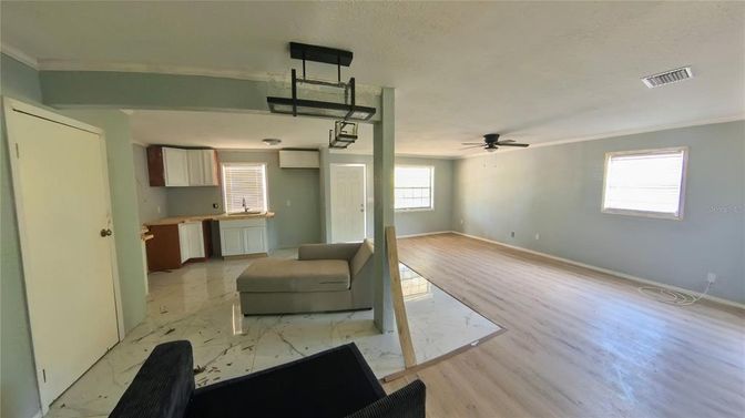 Interior, Kitchen, Marble, Pendant Lights, Wood Texture Flooring