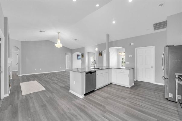 Chandelier, Interior, Kitchen, Recessed Lighting, Wood Texture Flooring