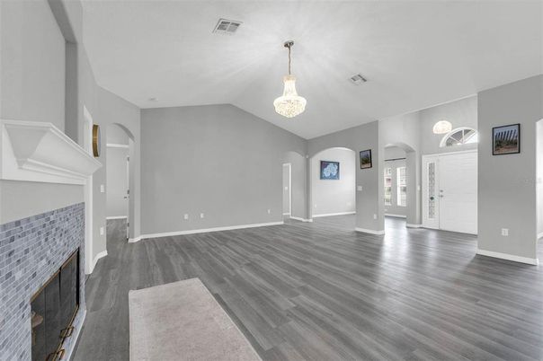 Chandelier, Empty room, Fireplace, Interior, Wood Texture Flooring