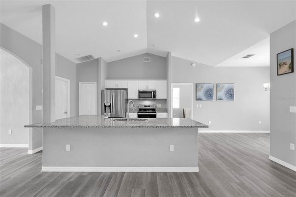 Interior, Kitchen, Recessed Lighting, Stainless Steel Appliances, Wood Texture Flooring