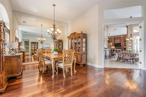 Chandelier, Dining room, Interior, Pendant Lights, Wood Texture Flooring