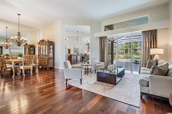 Chandelier, Dining room, Interior, Living room, Recessed Lighting, Wood Texture Flooring