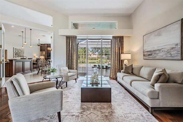 Interior, Living room, Pendant Lights, Recessed Lighting, Wood Texture Flooring