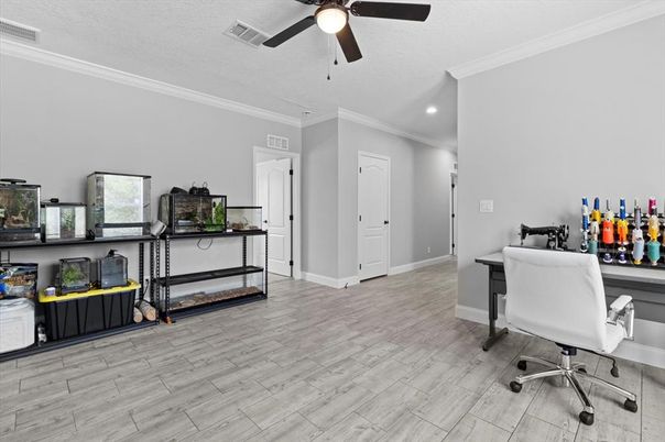 Home Office, Interior, Recessed Lighting, Wood Texture Flooring