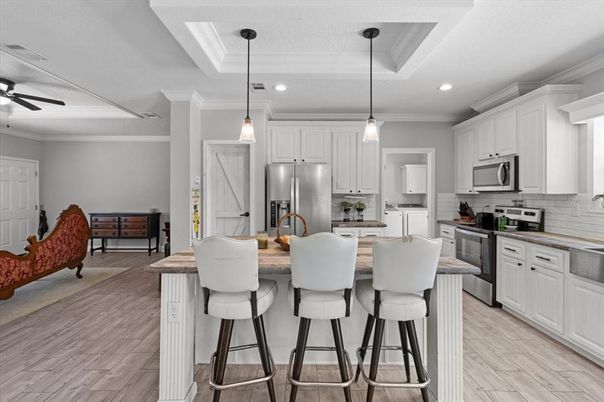Interior, Kitchen, Pendant Lights, Recessed Lighting, Stainless Steel Appliances, Wood Texture Flooring