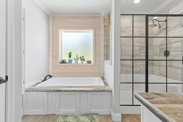 Bathroom, Glass Shower, Interior, Recessed Lighting, Wood Texture Flooring