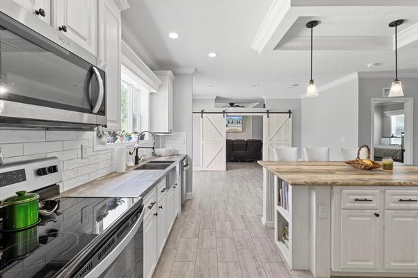 Interior, Kitchen, Pendant Lights, Recessed Lighting, Stainless Steel Appliances, Wood Texture Flooring
