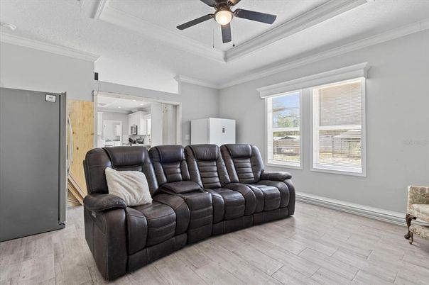 Home Theatre Room, Interior, Kitchen, Living room, Recessed Lighting, Wood Texture Flooring