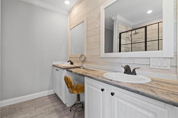 Bathroom, Dual Sink Vanities, Interior, Recessed Lighting, Wood Texture Flooring