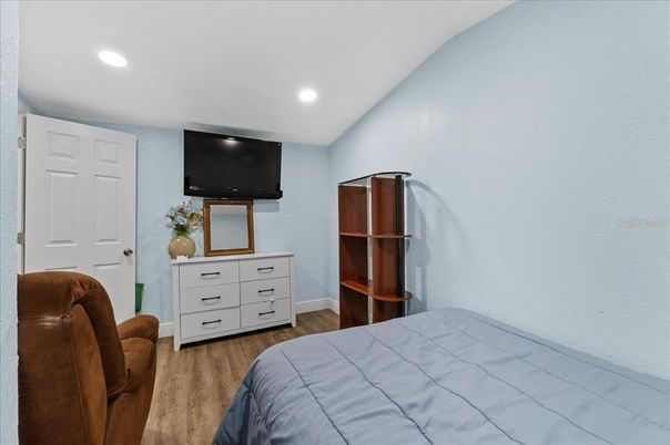 Bedroom, Interior, Recessed Lighting, Wood Texture Flooring
