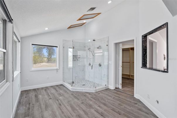 Bathroom, Glass Shower, Interior, Recessed Lighting, Wood Texture Flooring