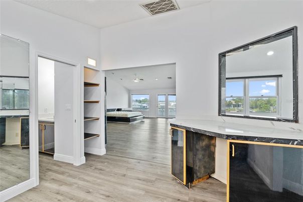 Interior, Marble Walls, Recessed Lighting, Wood Texture Flooring