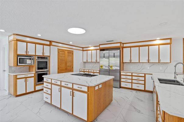 Interior, Kitchen, Marble, Recessed Lighting, Stainless Steel Appliances