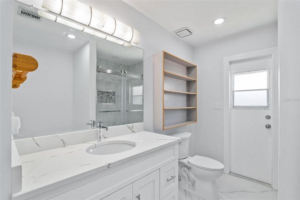 Bathroom, Glass Shower, Interior, Marble, Marble Walls, Recessed Lighting