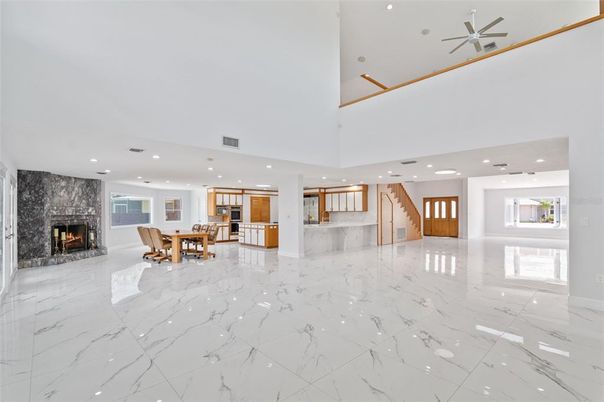 Dining room, Fireplace, Interior, Kitchen, Marble, Recessed Lighting