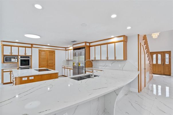 Interior, Kitchen, Marble, Recessed Lighting, Stainless Steel Appliances