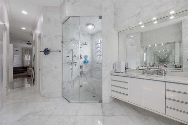 Bathroom, Glass Shower, Interior, Marble, Marble Walls, Recessed Lighting