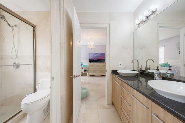 Bathroom, Chandelier, Dual Sink Vanities, Glass Shower, Interior