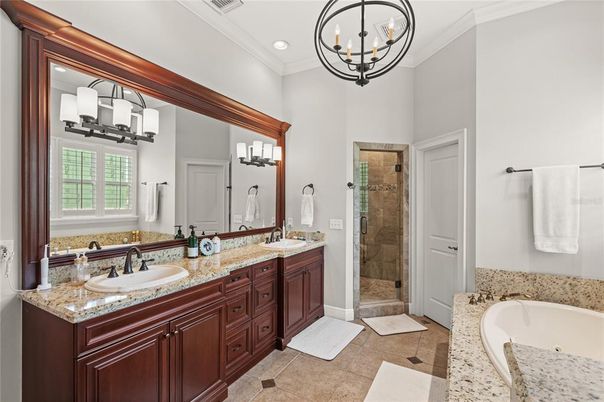 Bathroom, Chandelier, Dual Sink Vanities, Glass Shower, Interior, Recessed Lighting