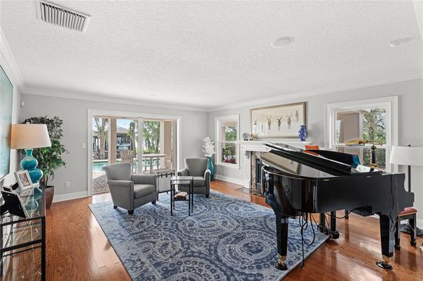 Fireplace, Interior, Living room, Piano, Wood Texture Flooring