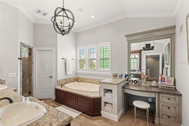 Bathroom, Dual Sink Vanities, Interior, Pendant Lights, Recessed Lighting
